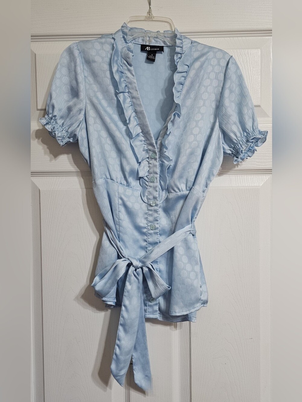 AB Studio Pale Blue Ruffle-Trim Tie-Waist Blouse